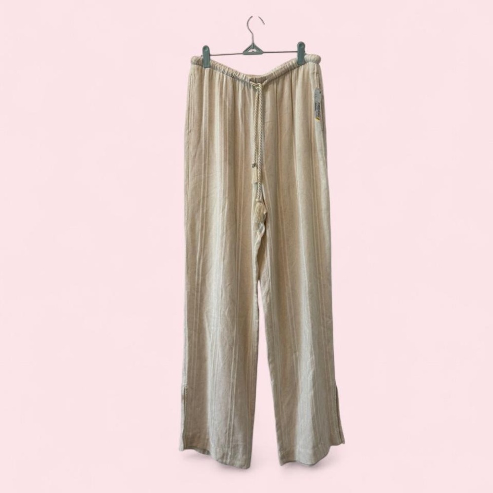 NWT Cloth & Stone Cream Linen Wide Leg Pants Drawstring Waist Pockets Size L